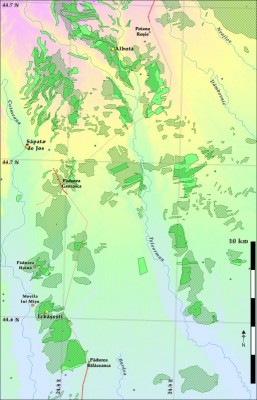 Figure 3. Map of the ‘irregular border’. Legend: hatches = forests in the middle of the nineteenth century; solid light green = forests in 2012; highlighted dots = forestry toponyms outside the documented areas of the forests; altimetry between 180 and 365m.